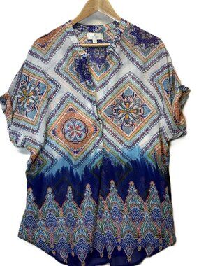 Piarossini Resort Wear Blouse M/L Boho Tunic Sheer Colorful Print Top